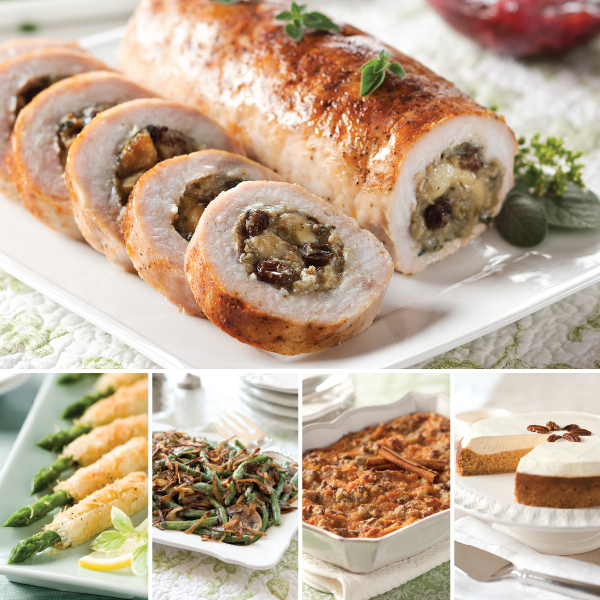 Stuffed Turkey Roast Complete Dinner for 8-10 people, featuring Stuffed Turkey Roast, Asparagus Asiago Spears, Green Bean Casserole, Sweet Potato Casserole, and Cognac Pumpkin Cheesecake.