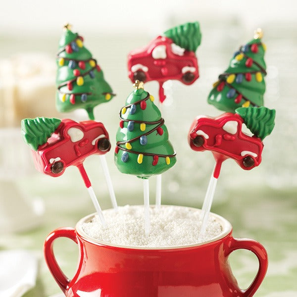 Holiday Cake Pops, red trucks with green holiday trees