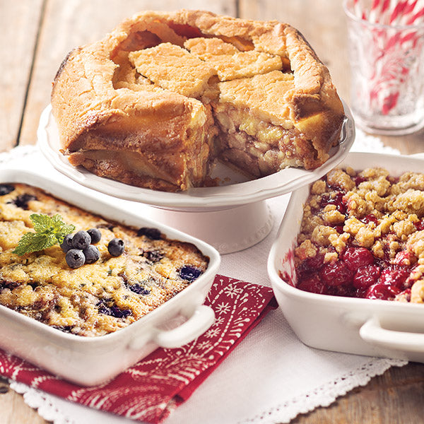 All American Dessert Sampler, featuring Apple Pie (top), Blueberry Buckle (bottom left), and Cherry Crisp (bottom right)