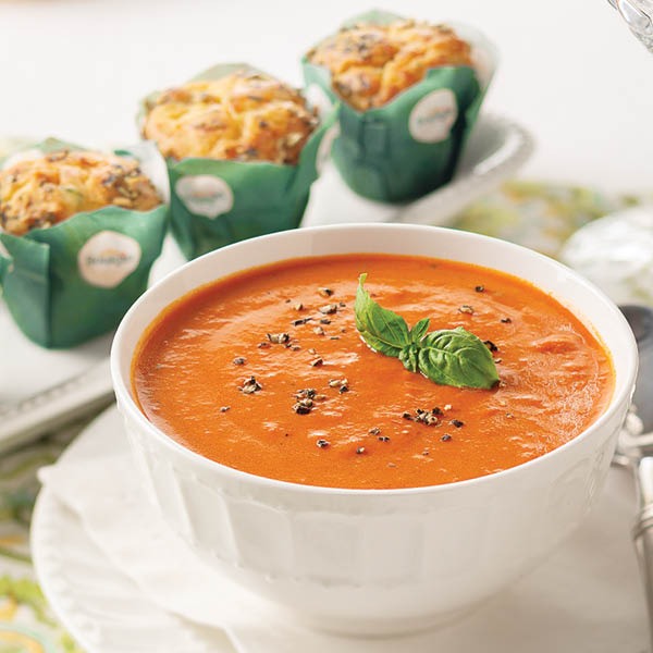 Tomato Basil Bisque with Mini Boursin Cheese Muffins