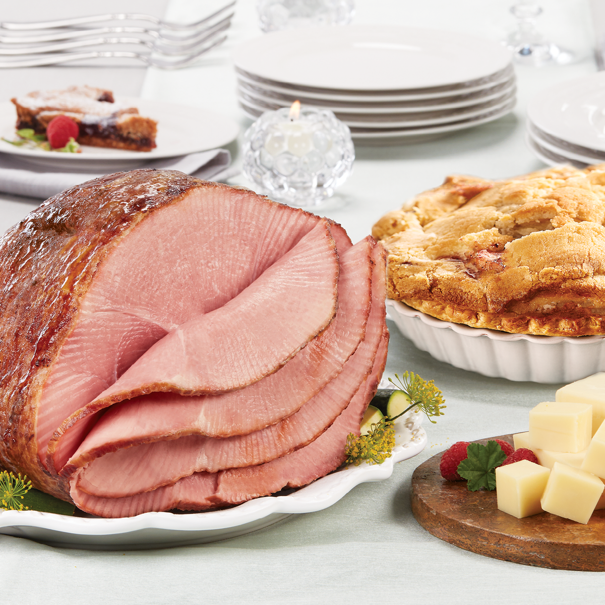 Party Pleasers spiral sliced ham, aged vermont cheddar cheese, and apple pie.