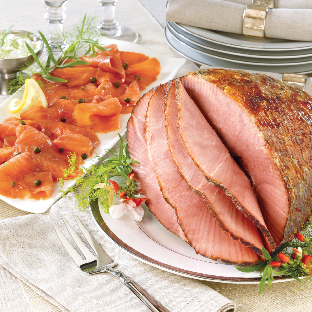 Harrington's Party Ham and Smoked Salmon served on an elegant table for elegant entertaining.
