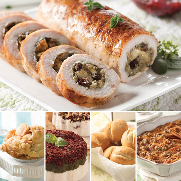 The Harvest Feast Turkey Dinner featuring Stuffed Turkey Roast (top), Miniature Apple Pie, Sundried Tomato Pesto Cheese Torta, Gourmet Dinner Rolls, and Sweet Potato Casserole (bottom, from left to right).