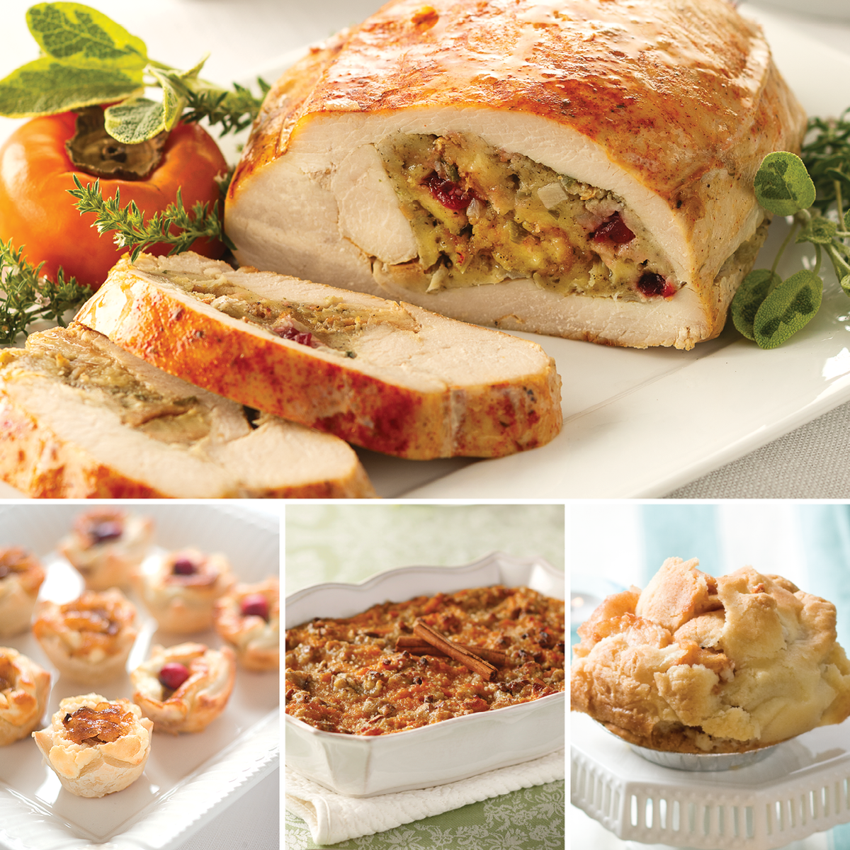 Turkey harvest feast dinner featuring each item in the dinner.