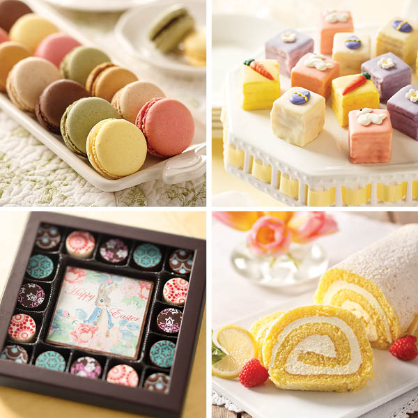 Easter Sweets Collection featuring French Macarons (top left), Easter Petit Fours (top right), Easter Truffle Box (bottom left), and Lemon Swirl Cake (bottom right).