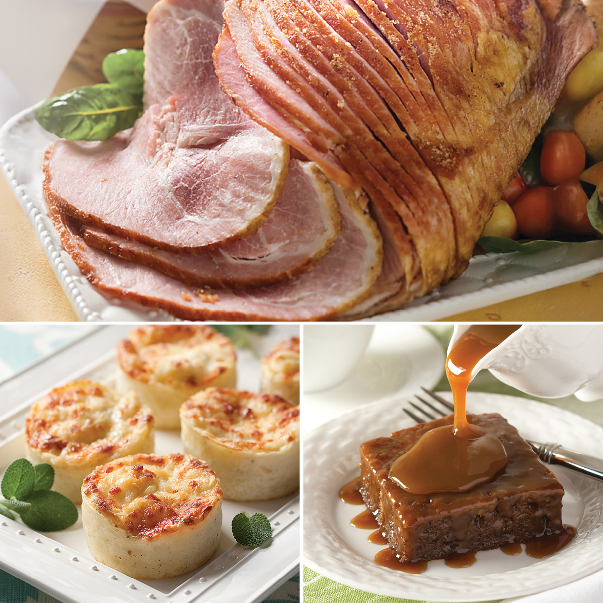 A collage of the hoiday ham dinner featuring honey ham, potato gratins, and sticky toffee pudding.