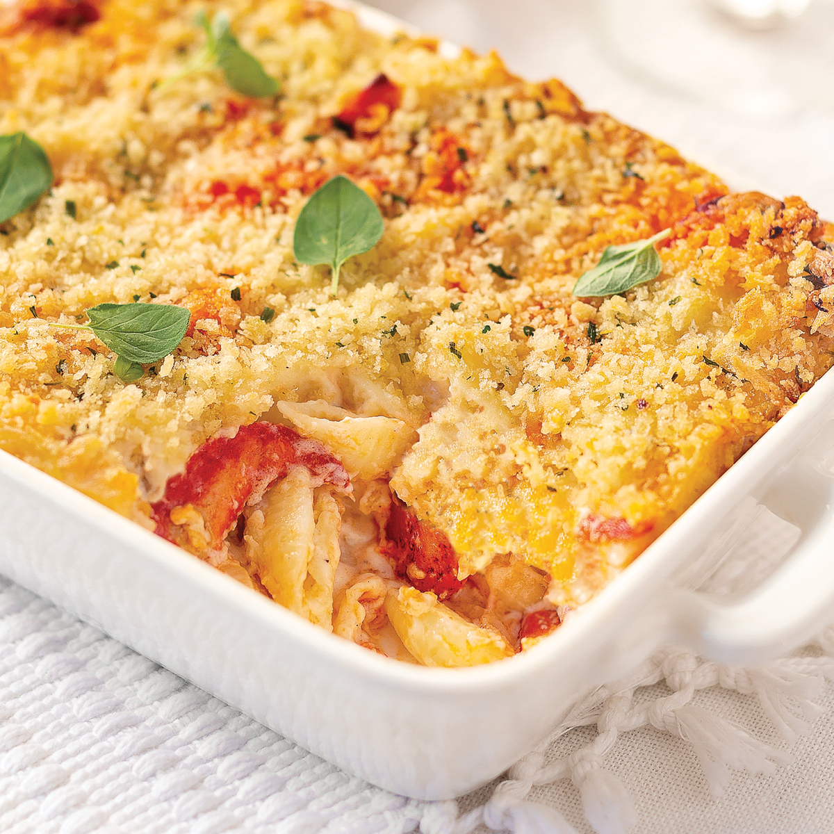 A close up of the lobster mac and cheese casserole