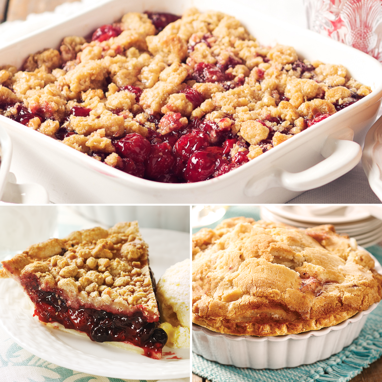 A collage of the cherry crisp, four-berry pie, and apple pie sampler