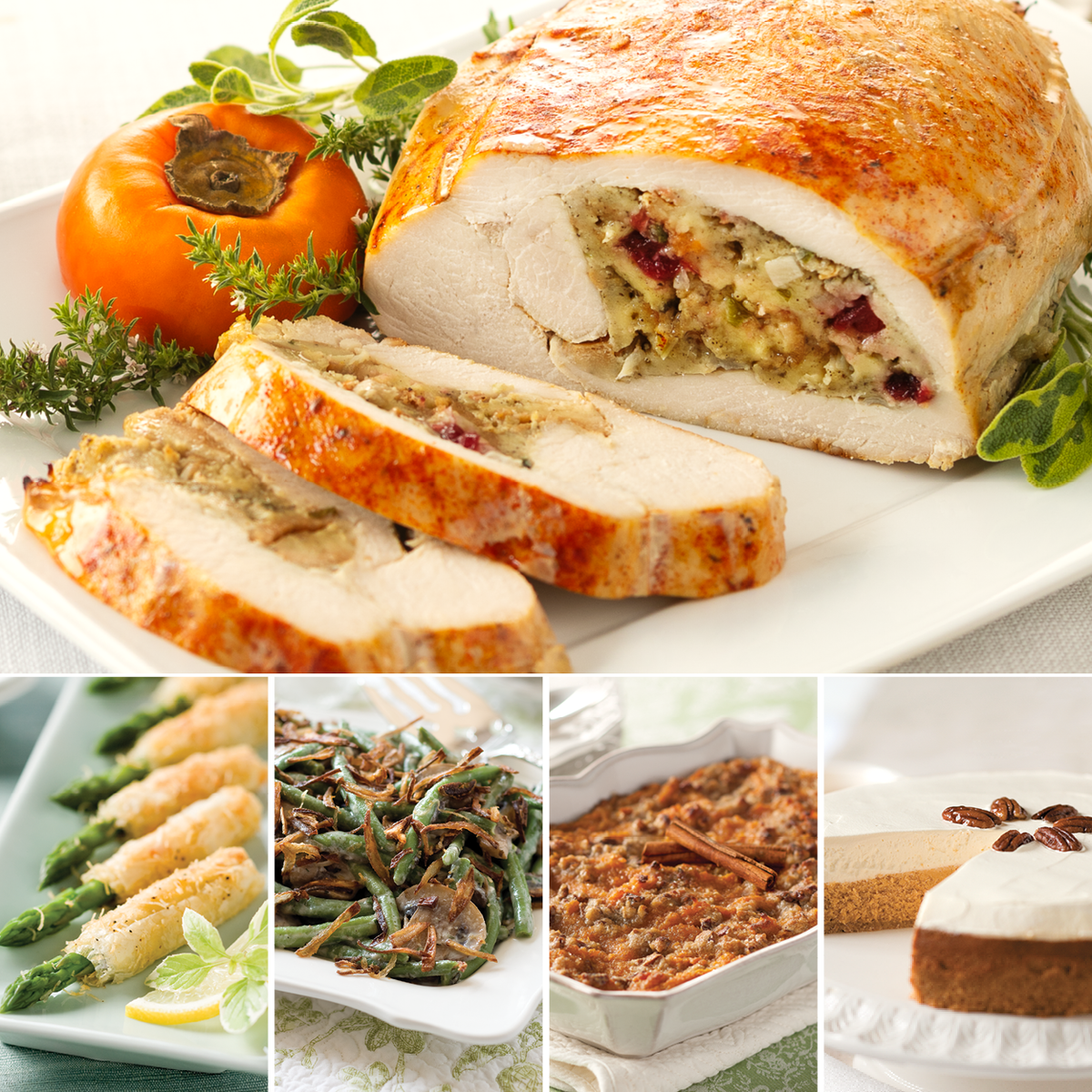 Stuffed turkey roast dinner collage with green bean casserole, asparagus spears, sweet potato casserole and pumpkin cheesecake.