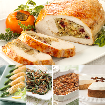 Stuffed turkey roast dinner collage with green bean casserole, asparagus spears, sweet potato casserole and pumpkin cheesecake.