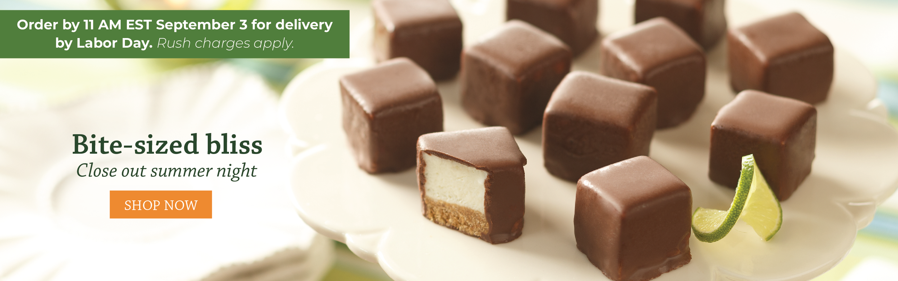 Chocolate-covered square bliss cookies displayed on a white plate with a lime wedge, alongside text that reads: Order by 11am on September 3 for delivery by Labor Day.