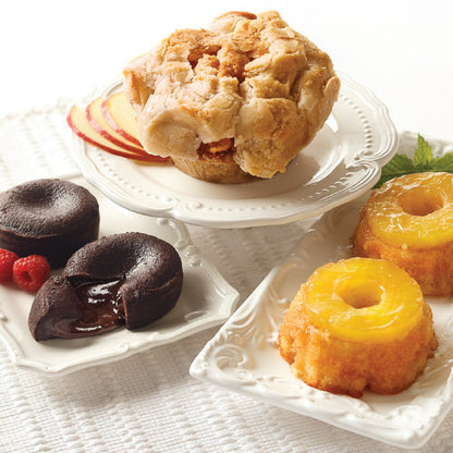Favorite Desserts Sampler, featuring Miniature Apple Pie, Molten Chocolate Cakes, and Pineapple Upside Down Cakes.