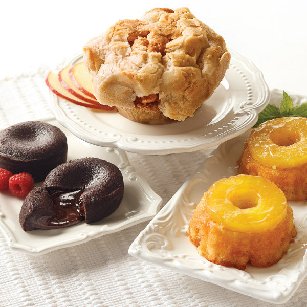 Favorite Desserts Sampler, featuring Miniature Apple Pie, Molten Chocolate Cakes, and Pineapple Upside Down Cakes.
