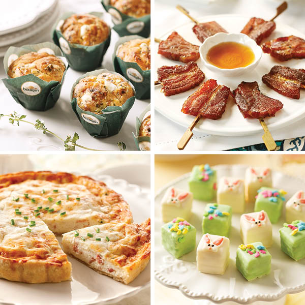Bacon Lovers Easter Brunch collection, featuring Mini Boursin® Cheese Muffins, Vanilla-Bourbon Bacon "Lollipops", Quiche Lorraine, and Easter Petit Fours, from top left to bottom right.