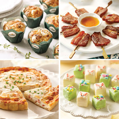 Bacon Lovers Easter Brunch collection, featuring Mini Boursin® Cheese Muffins, Vanilla-Bourbon Bacon "Lollipops", Quiche Lorraine, and Easter Petit Fours, from top left to bottom right.