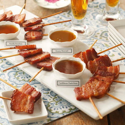 Bacon Lollipop Sampler with three sauces: Vanilla Bourbon
