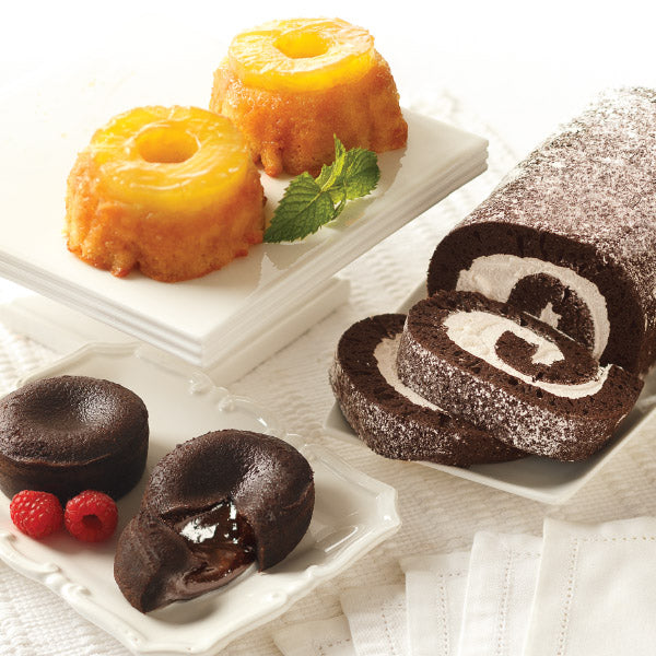 Best Selling Dessert Sampler, featuring Pineapple Upside Down Cakes, Molten Chocolate Cakes, and Chocolate Swirl Cake.