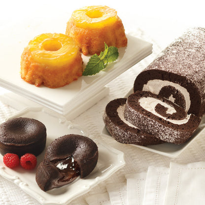 Best Selling Dessert Sampler, featuring Pineapple Upside Down Cakes, Molten Chocolate Cakes, and Chocolate Swirl Cake.