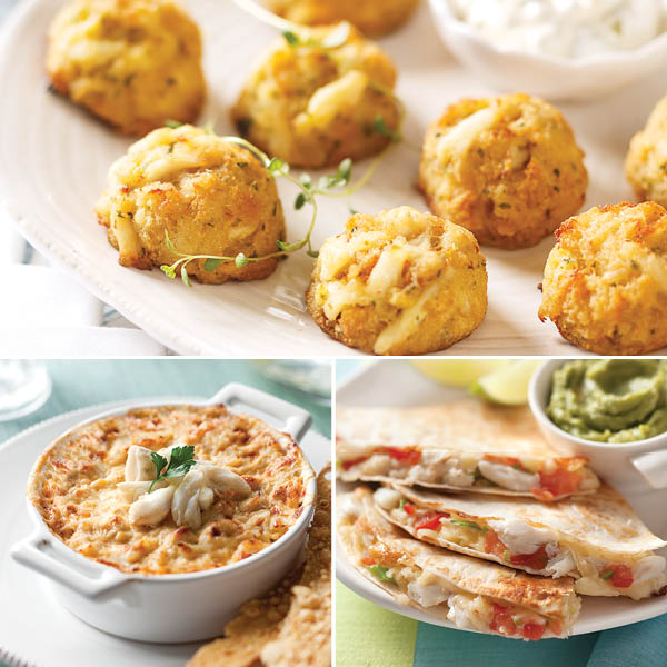 Favorite Crab Appetizers Sampler featuring Mini Crab Cakes, Creamy Crab Dip, and Crab Quesadillas.