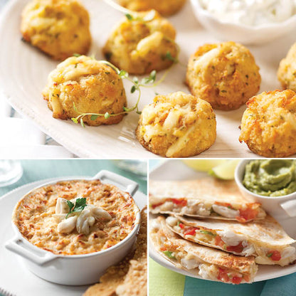 Favorite Crab Appetizers Sampler featuring Mini Crab Cakes, Creamy Crab Dip, and Crab Quesadillas.