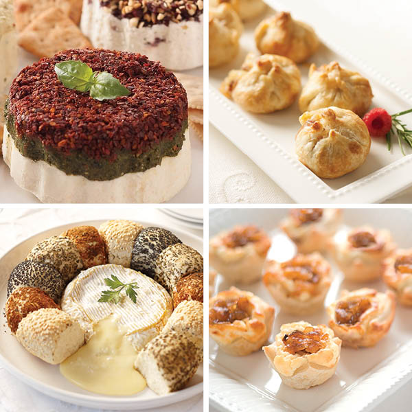 Gourmet Cheese Sampler, featuring Sundried Tomato Pesto Cheese Torta (top left), Brie & Raspberry en Croûte (top right), Camembert Cheese Bread Flower (bottom left), and Caramelized Onion & Feta Pastry Blossoms (bottom right)