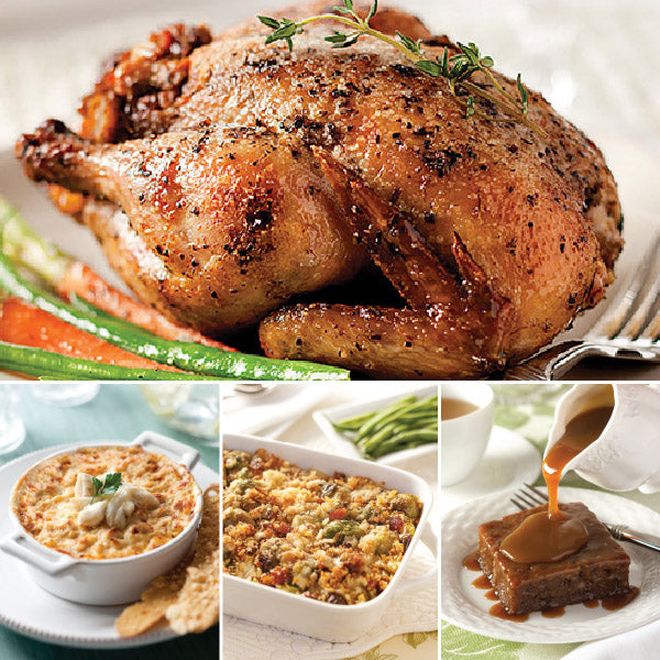 Stuffed Cornish Hen Complete Dinner featuring Stuffed Cornish Hen (top), Creamy Crab Dip, Brussels Sprouts Gratin Casserole, and Sticky Toffee Pudding (bottom left to right).
