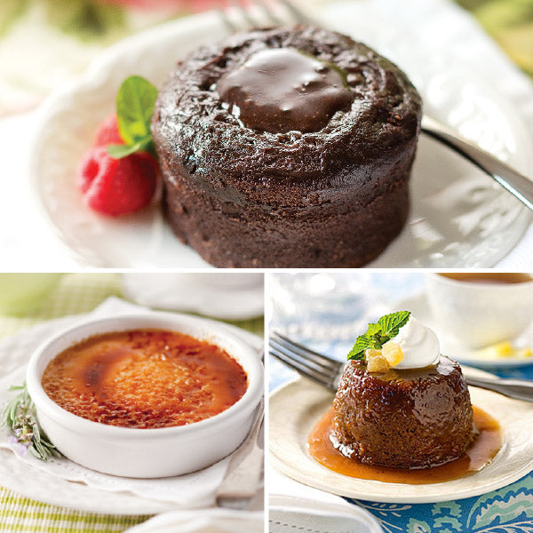 Decadent Dessert Sampler, featuring Molten Chocolate Cakes (top), Creme Brulee (bottom left), and Sticky Toffee Pudding (bottom right)