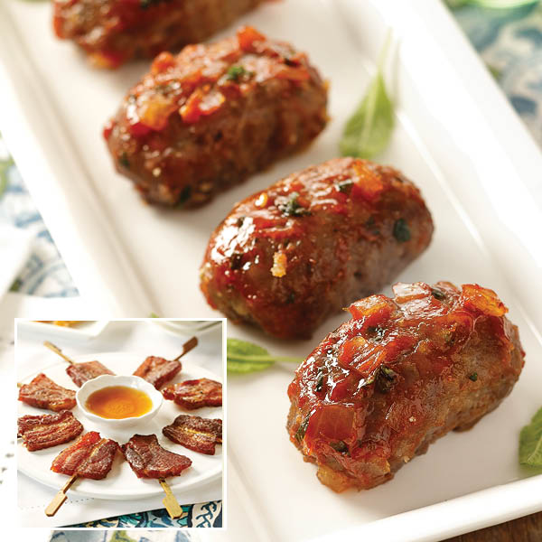 Meat Lover's Appetizer Duo featuring Mini Kobe Meatloaf (main) and Vanilla-Bourbon Bacon Lollipops (inset)