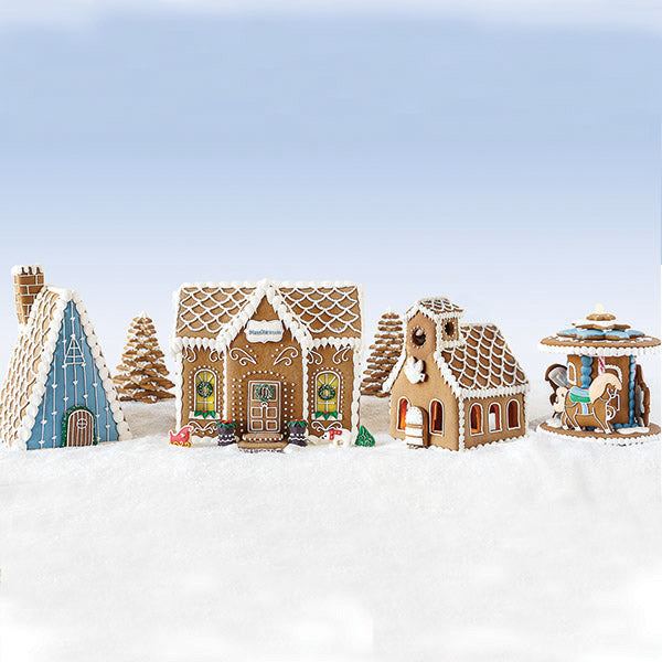Nordic Gingerbread Cookie Village featuring the Gingerbread Chalet, Gingerbread Grand Estate, Gingerbread Chapel, Gingerbread Carousel, and Gingerbread Cookie Star Trees.