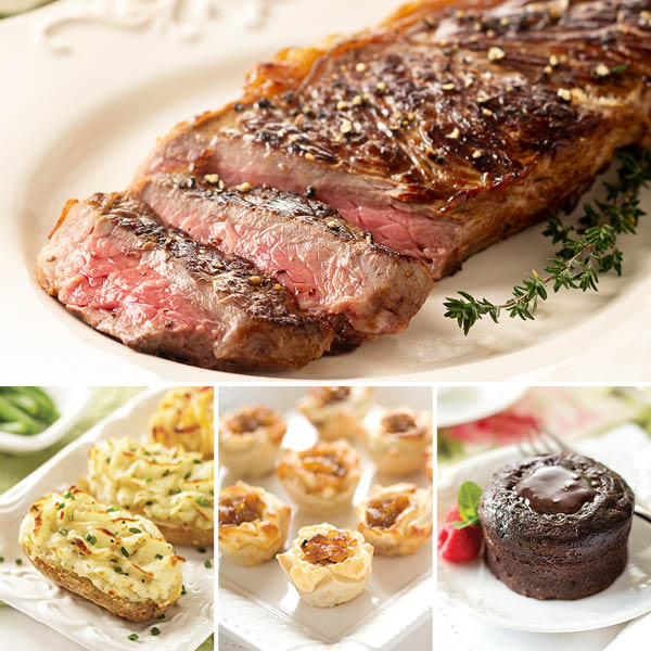 New York Strip Steak Complete Dinner, featuring New York Strip Steak, Sour Cream & Chive Twice Baked Potatoes, Caramelized Onion & Feta Pastry Blossoms, Molten Chocolate Cakes
