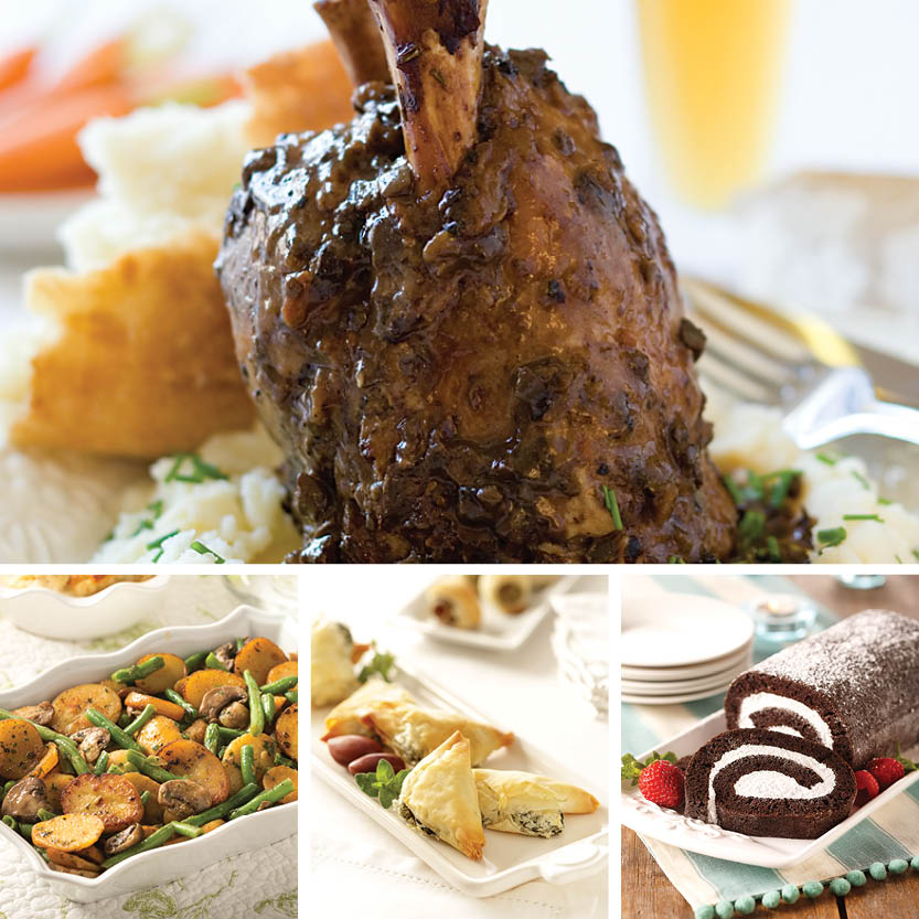 Pork Shank Complete Dinner featuring Braised Pork Shanks, Vegetable Potato Medley, Spanakopita, and Chocolate Creme Swirl Cake.