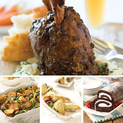 Pork Shank Complete Dinner featuring Braised Pork Shanks, Vegetable Potato Medley, Spanakopita, and Chocolate Creme Swirl Cake.