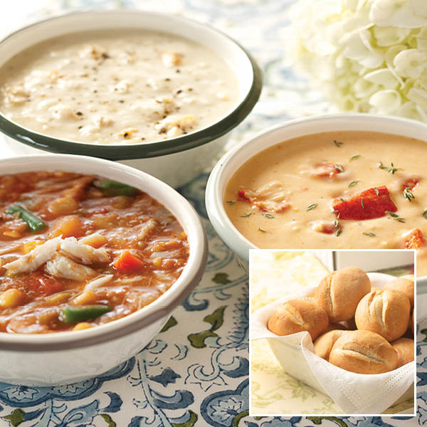 Seafood Soup Sampler, featuring Maryland Crab Soup, Lobster Bisque, and New England Clam Chowder, with Gourmet Dinner Rolls