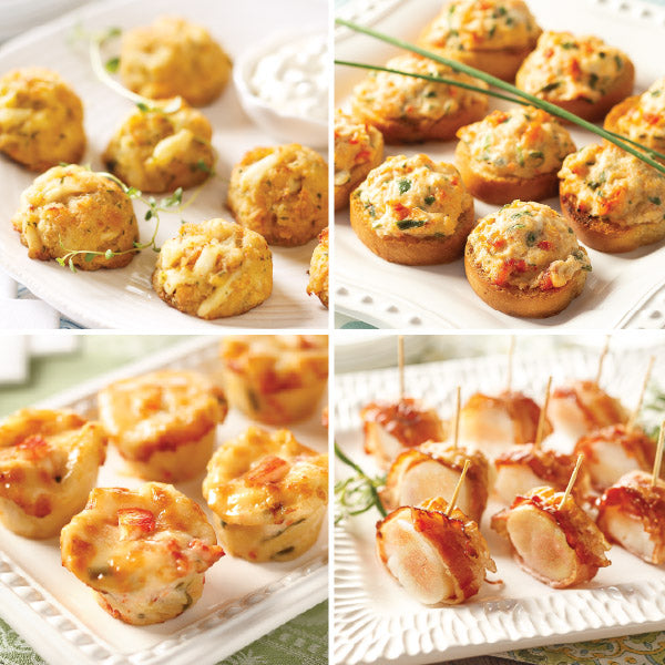 Seafood Lovers Appetizer Sampler, featuring Mini Crab Cakes, Lobster Crostini, Lobster Mac & Cheese Bites, and Bacon Wrapped Scallops (top left to bottom right)