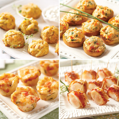 Seafood Lovers Appetizer Sampler, featuring Mini Crab Cakes, Lobster Crostini, Lobster Mac & Cheese Bites, and Bacon Wrapped Scallops (top left to bottom right)