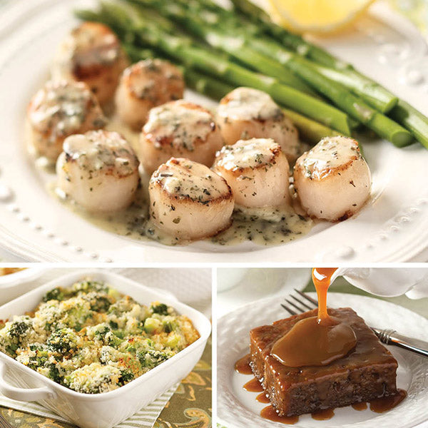 Lemon Herb Scallops complete dinner featuring Lemon Herb Scallops, Broccoli-Parmesan Gratin, and Sticky Toffee Pudding