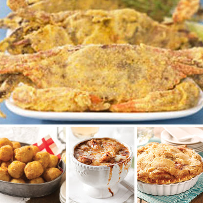 Maryland Soft Shell Crab Complete Dinner featuring Maryland Soft Shell Crabs, Sweet Corn Hush Puppies, French Onion Soup, and 8" Apple Pie