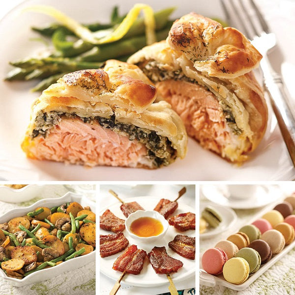 Salmon Wellington Dinner featuring Salmon Wellington (top), Vegetable Potato Medley, Vanilla-Bourbon Bacon "Lollipops", and French Macarons (bottom left to right).