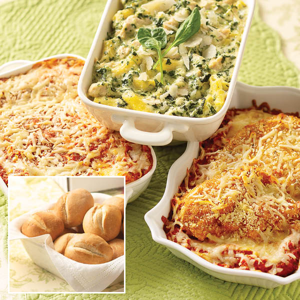 Italian Dinner Trio Entree Sampler, featuring Chicken Florentine Pasta, Cheese Lasagna, and Chicken Parmesan, accompanied by Gourmet Dinner Rolls